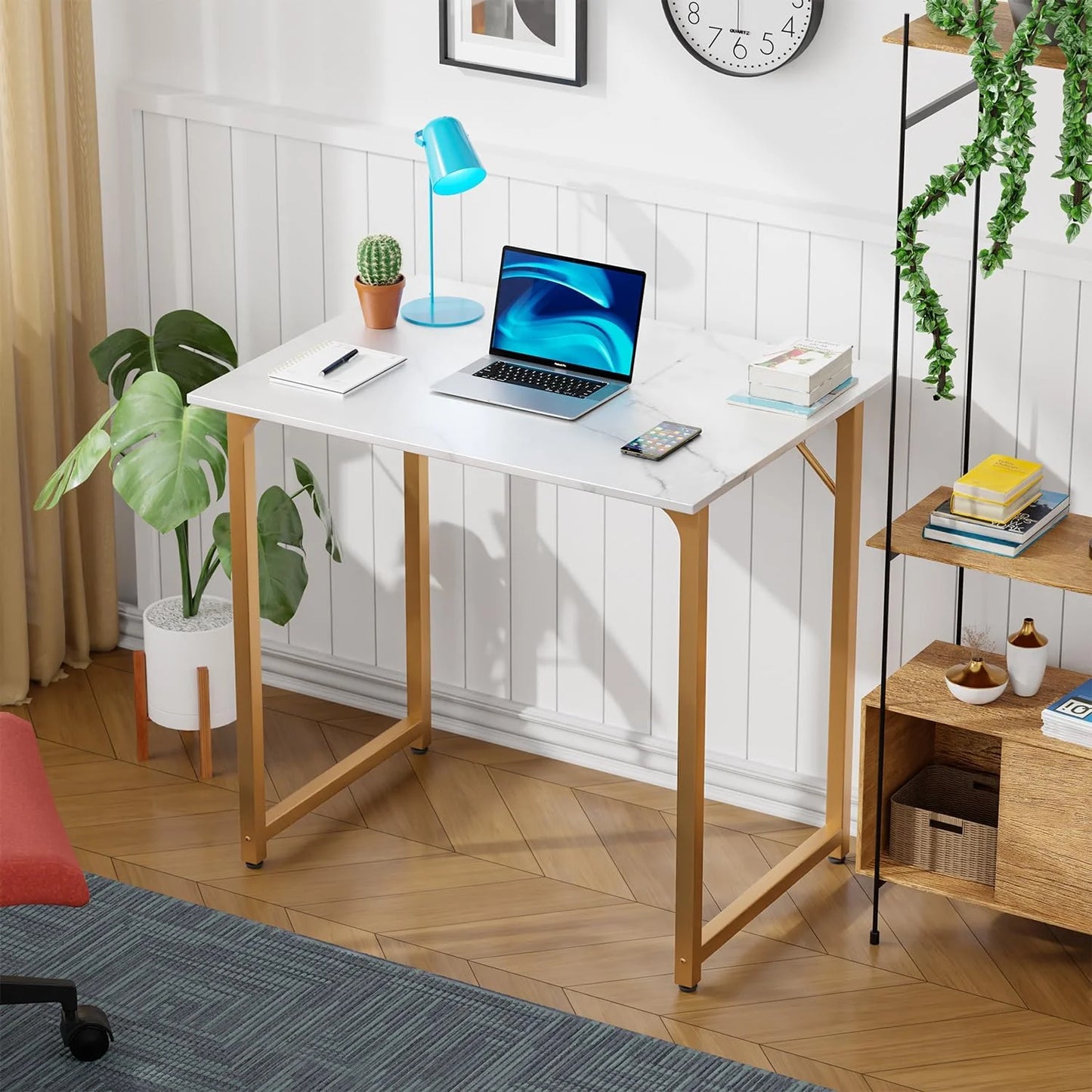 32 Inch Computer Office Desk Modern Simple Style with Metal Frame for Home Office, Gold