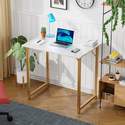 32 Inch Computer Office Desk Modern Simple Style with Metal Frame for Home Office, Gold