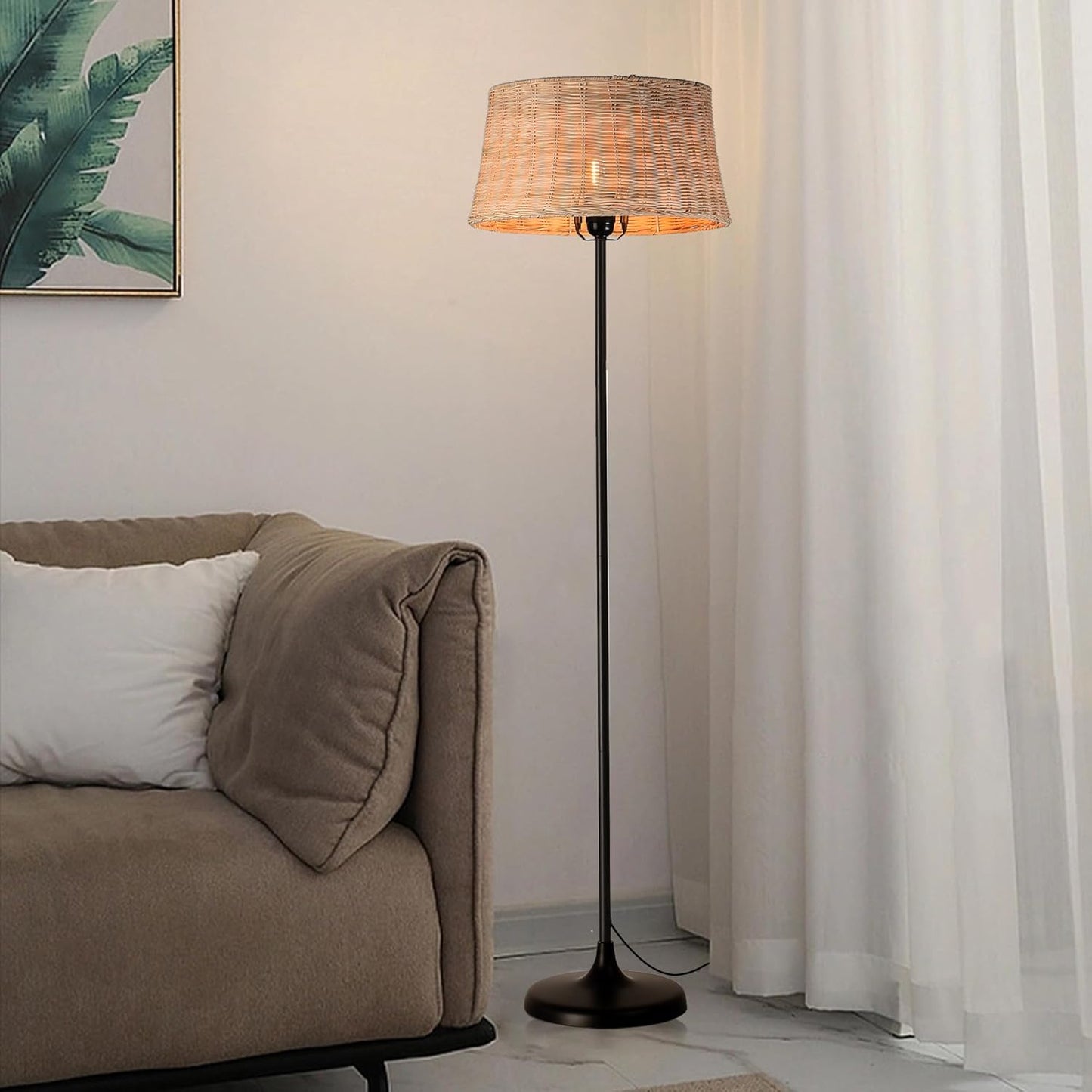 Rattan Industrial Floor Standing Lighting with Pedal Black Cord Wicker Lampshade