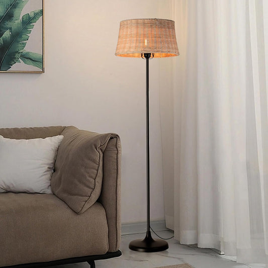 Rattan Industrial Floor Standing Lighting with Pedal Black Cord Wicker Lampshade