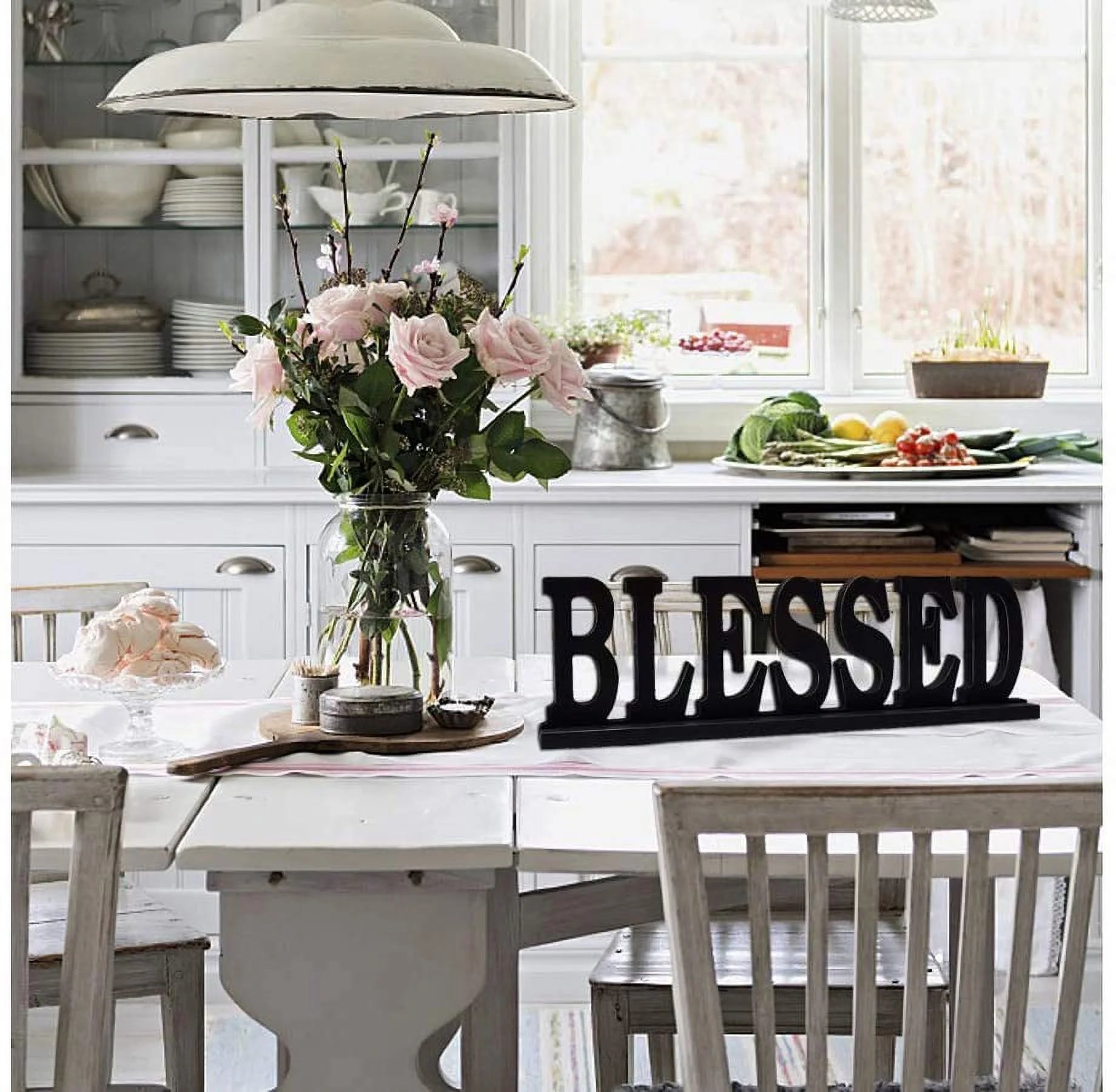 Rustic Wood Blessed Sign for Home Decor, Decorative Wooden Cutout Word Decor Freestanding Blessed Tabletop Decor, 16.5" X 5" Black Blessed Block Letters Sign Family Mantel Decor