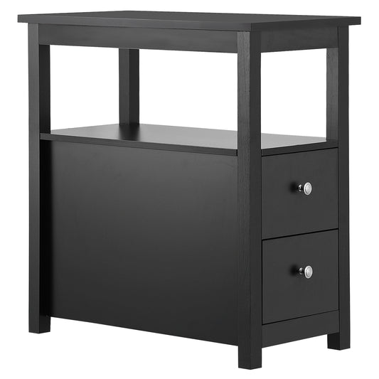 Black End Table with 2 Drawer and Open Shelf Narrow Side Table for Living Room