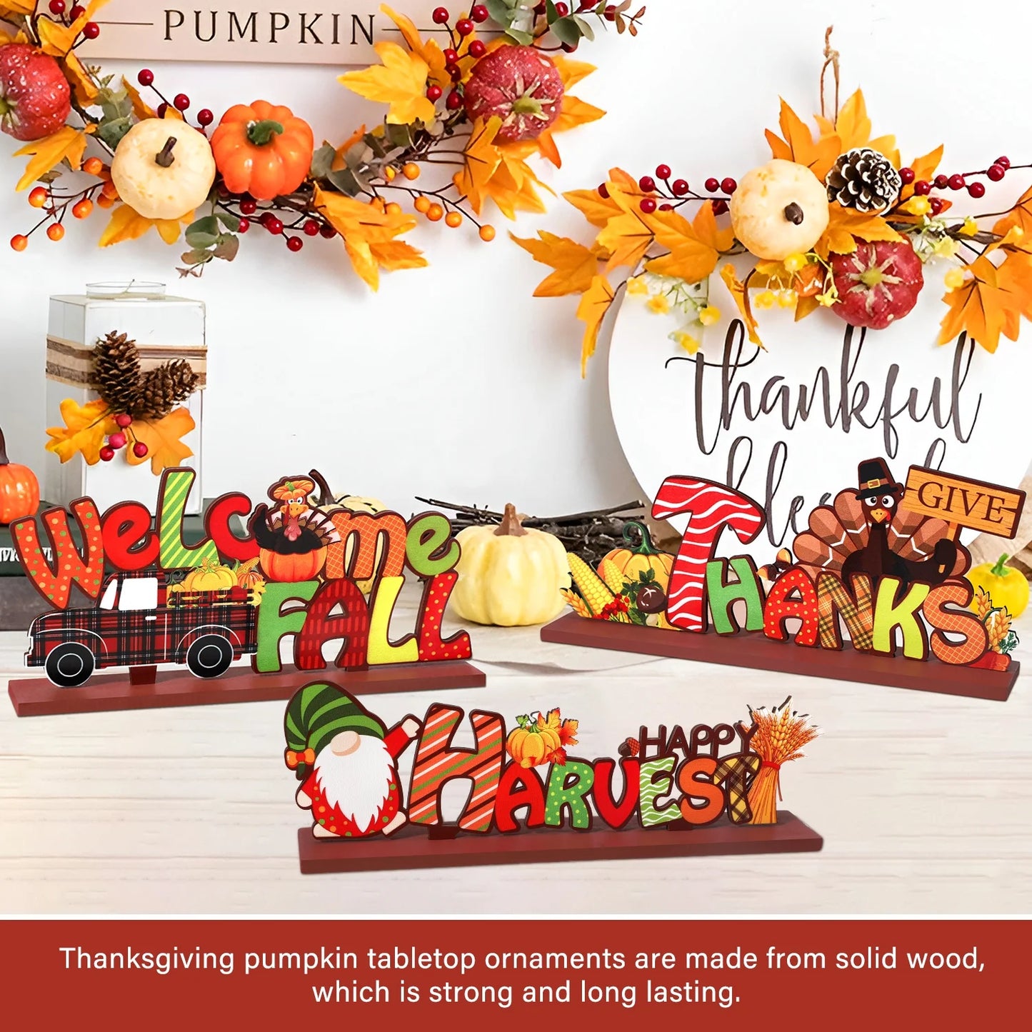 3Pcs Thanksgiving Decorations Indoor, Thanksgiving Table Decor, Turkey Pumpkin Fall Decor, Wooden Signs Decor