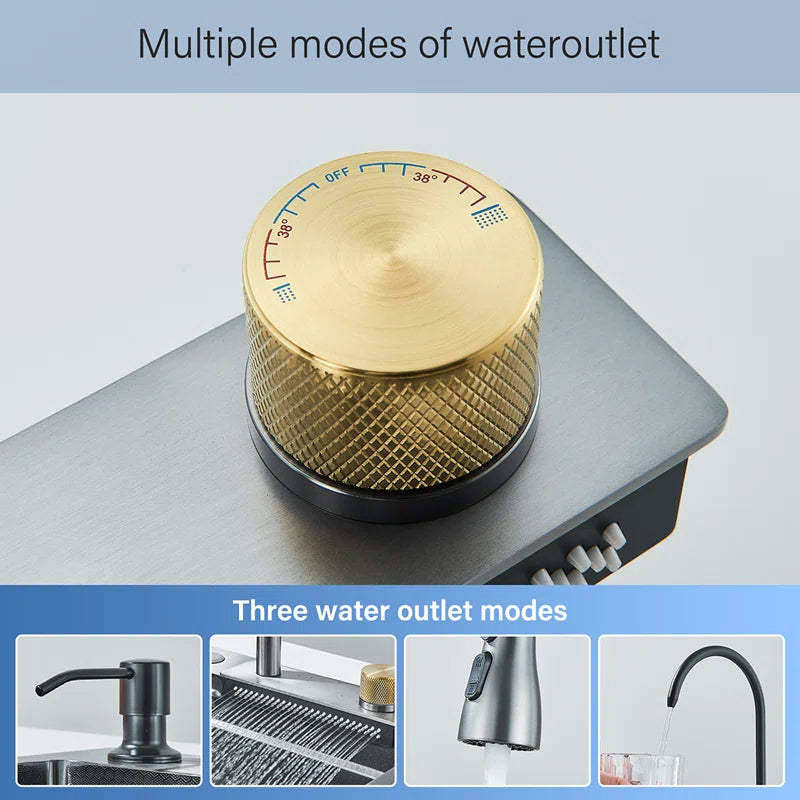Waterfall Kitchen Sinks Combo Stainless Steel Nano Sink Pull-Out Kitchen Faucet