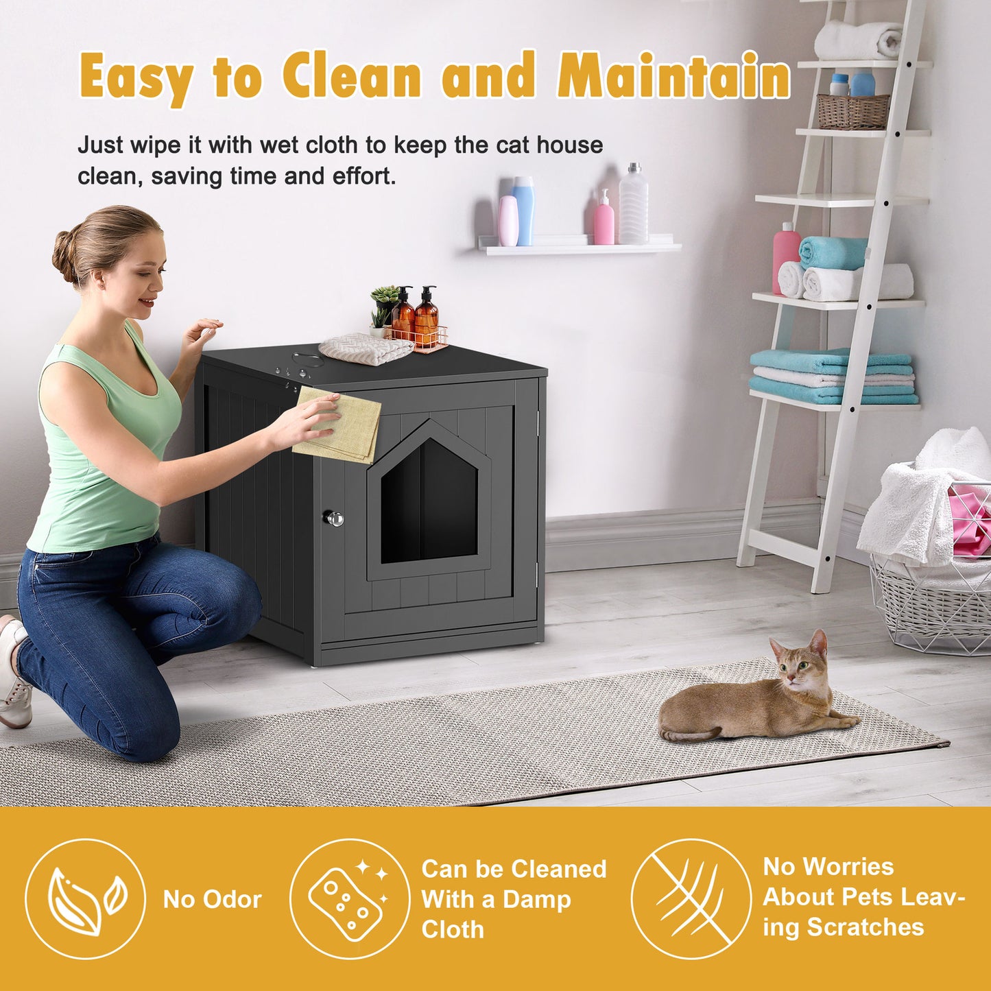 Wooden Cat Litter Box Enclosure Cat House Indoor Pet House Furniture Black
