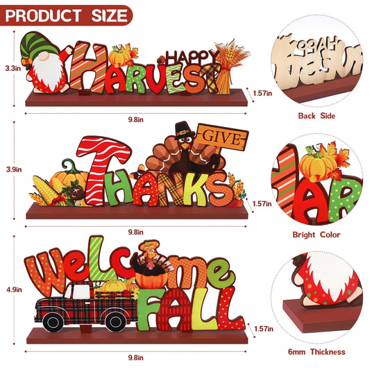 3Pcs Thanksgiving Decorations Indoor, Thanksgiving Table Decor, Turkey Pumpkin Fall Decor, Wooden Signs Decor