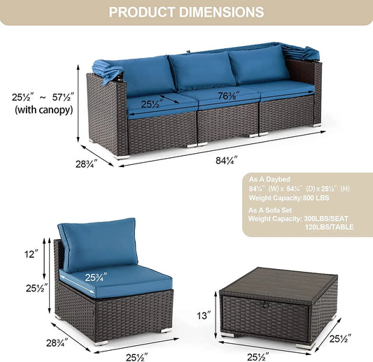 6 Pieces Patio Furniture Sets, Rattan Daybed with Retractable Canopy, Outdoor Sectional Sofa Set with Adjustable Backrest, Chaise Chair Sunbed for Garden Poolside Backyard（Blue）
