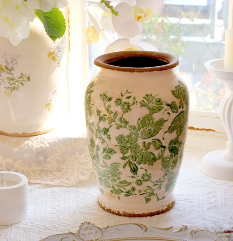 Vintage Green Chinoiserie Ceramic Vase