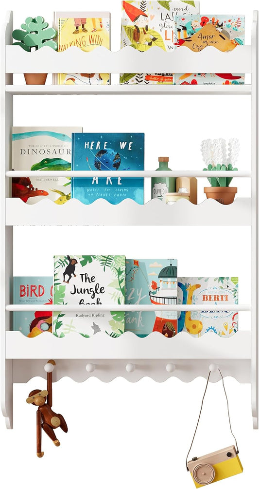 Kids Bookshelf, Wall Mounted 3-Tier Book Shelf, Kids Bookshelf and Toy Storage F