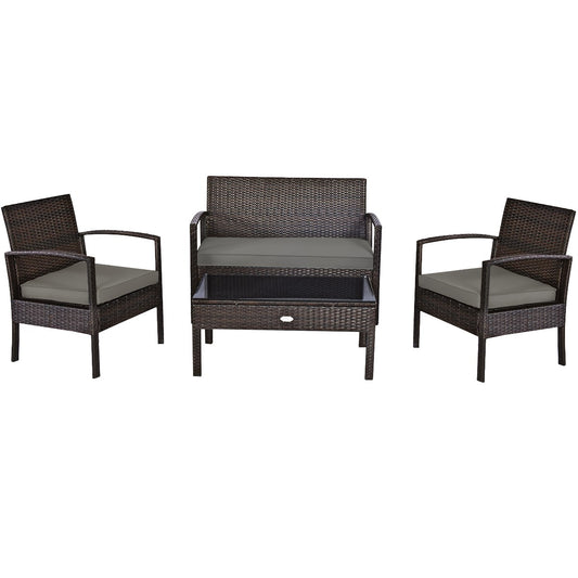 4PCS Outdoor Patio Rattan Furniture Set Cushioned Sofa Coffee Table Deck