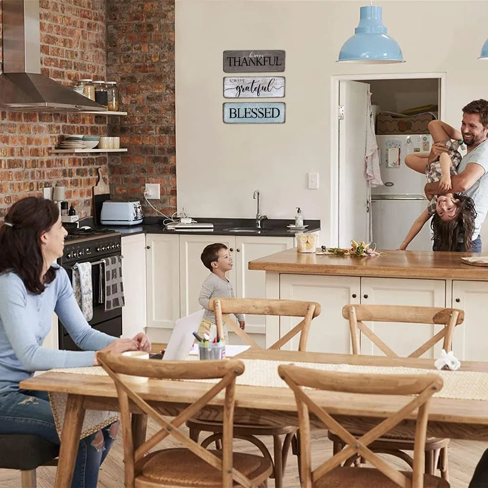 Farmhouse Home Sign Wall Decor Family Wall Decor for Living Room 3 Pieces Grateful Thankful Blessed Wall Art Decor 16"X5" Inspirational Family Quotes Wall Decor Family Signs