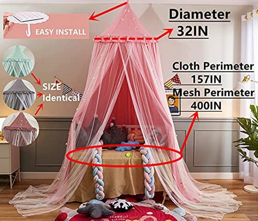 VETHIN Bed Canopy for Kids with Lights,Double Layer Princess round Dome Children