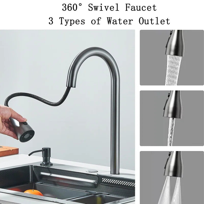 Waterfall Kitchen Sinks Combo Stainless Steel Nano Sink Pull-Out Kitchen Faucet
