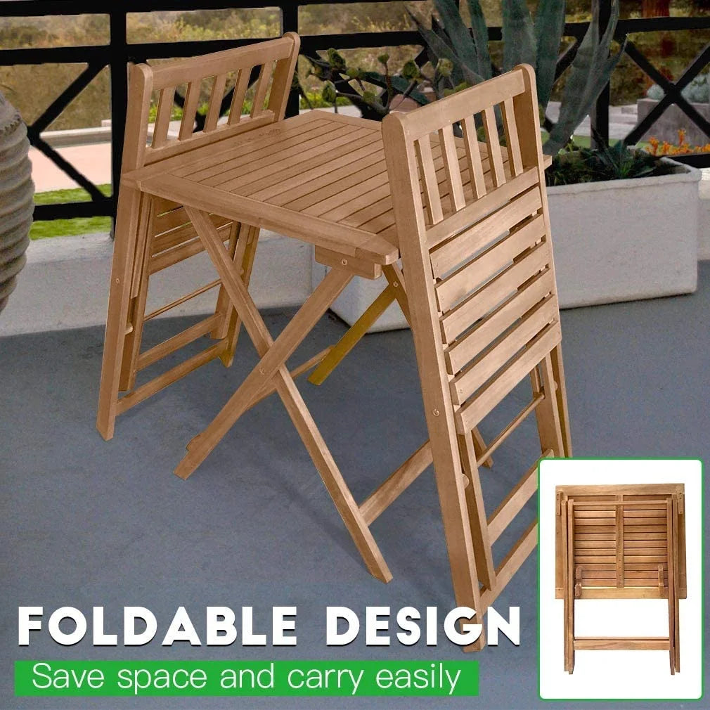 3 Piece Acacia Wood Folding Terrace Bistro Set Outdoor with 2 Chairs - round Table Natural Oiled