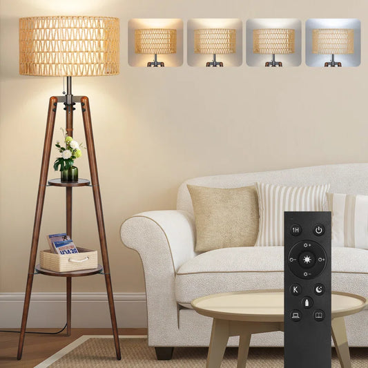 Acklins 61" Dimmable Tripod Floor Lamp Rattan Linen Dual Lampshades, Remote-Bulbs