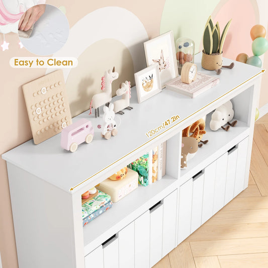 Kids Toy Storage with 4 Drawers, Cubes Storage Bin with Shelves and Wheels for Kids Living Room, White