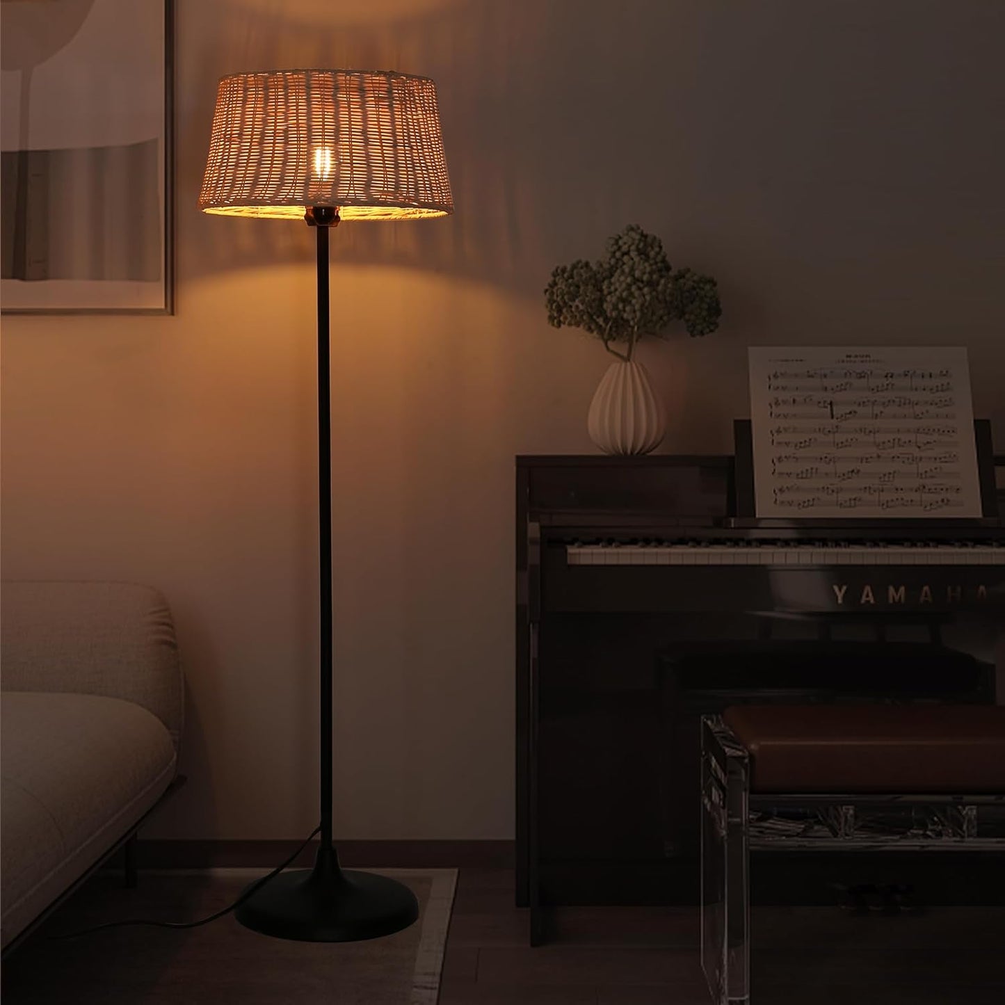 Rattan Industrial Floor Standing Lighting with Pedal Black Cord Wicker Lampshade