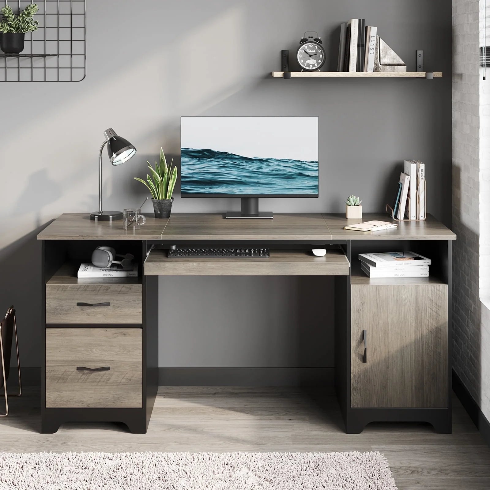59” Computer Desk with Drawers, Executive Desk with Storage Cabinet, Keyboard Tray for Home Office, Gray