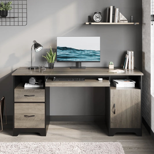 59” Computer Desk with Drawers, Executive Desk with Storage Cabinet, Keyboard Tray for Home Office, Gray