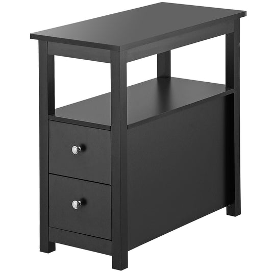 Black End Table with 2 Drawer and Open Shelf Narrow Side Table for Living Room