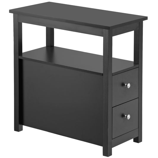 Black End Table with 2 Drawer and Open Shelf Narrow Side Table for Living Room