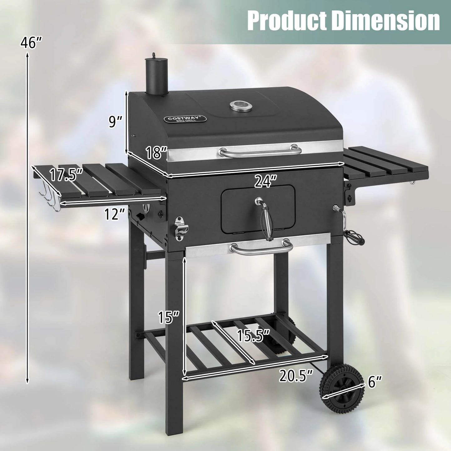 Outdoor Charcoal Grill 391 Sq.In. Cooking Area 2 Foldable Side Table BBQ Camping