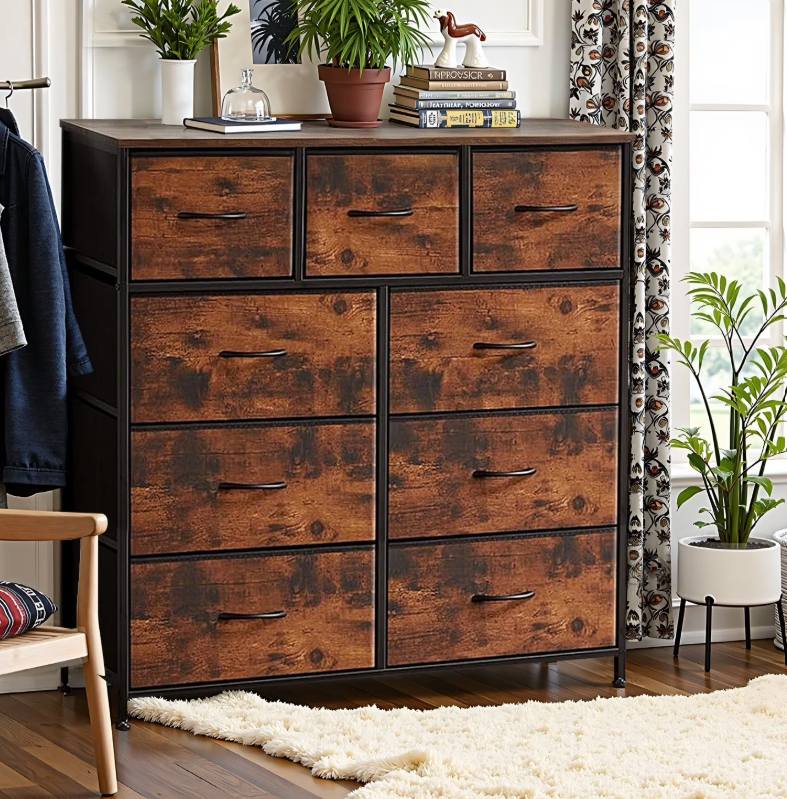 9-Drawer Fabric Dresser with Wooden Top & Metal Frame