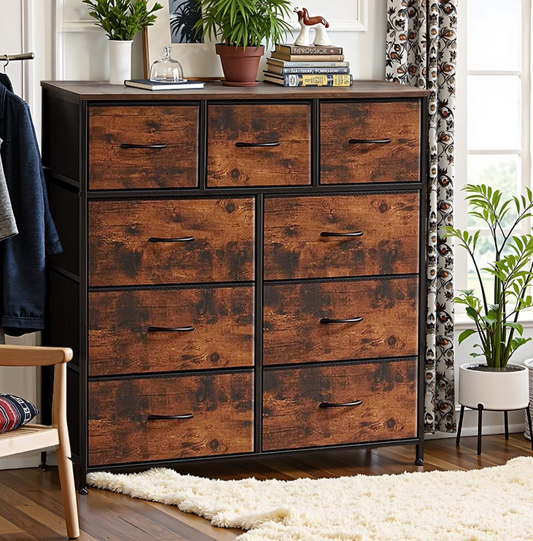 9-Drawer Fabric Dresser with Wooden Top & Metal Frame