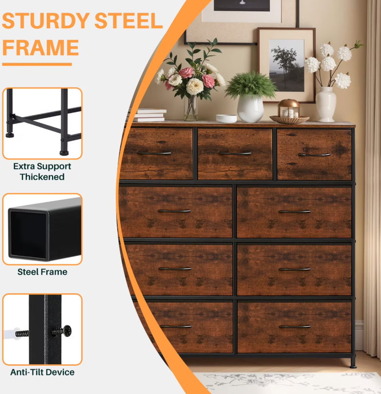 9-Drawer Fabric Dresser with Wooden Top & Metal Frame