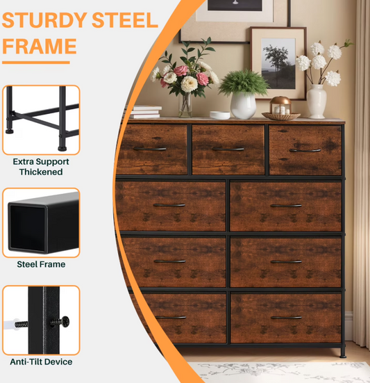 9-Drawer Fabric Dresser with Wooden Top & Metal Frame