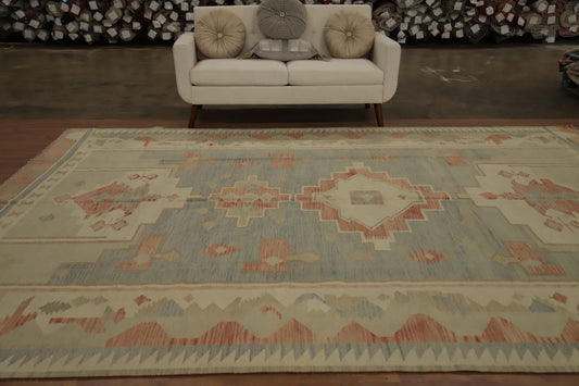 Blue Wool Kilim Flat Weave Reversible Rug 9X12 Living Room Vegetable Dye Carpet