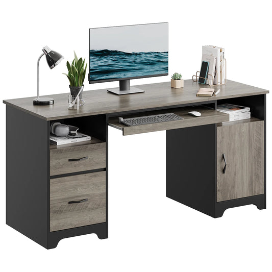 59” Computer Desk with Drawers, Executive Desk with Storage Cabinet, Keyboard Tray for Home Office, Gray