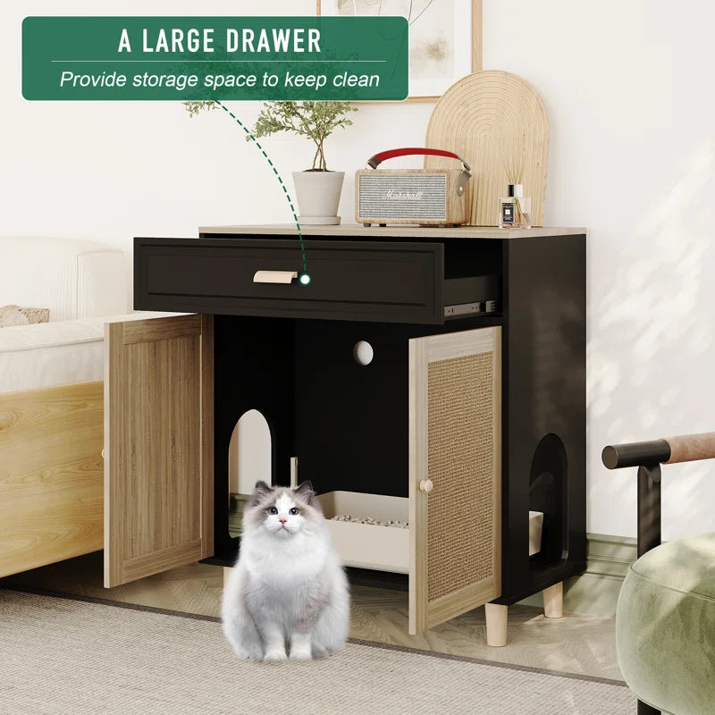 Cat Litter Box Enclosure Wood Cat Crate Furniture with Scratching Pad Doors