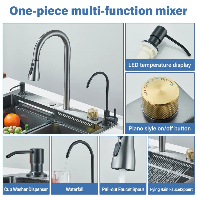 Waterfall Kitchen Sinks Combo Stainless Steel Nano Sink Pull-Out Kitchen Faucet