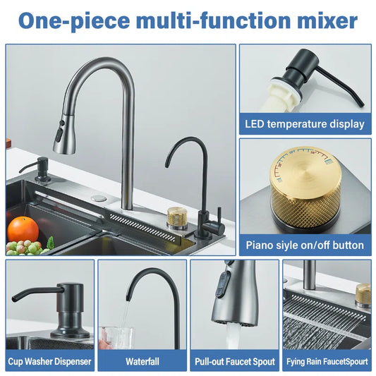 Waterfall Kitchen Sinks Combo Stainless Steel Nano Sink Pull-Out Kitchen Faucet