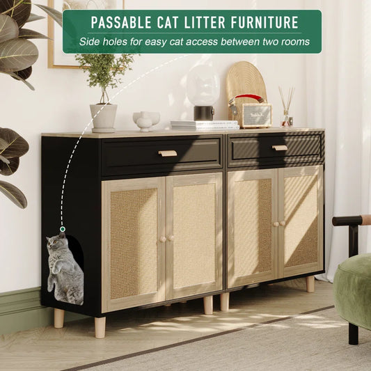 Cat Litter Box Enclosure Wood Cat Crate Furniture with Scratching Pad Doors