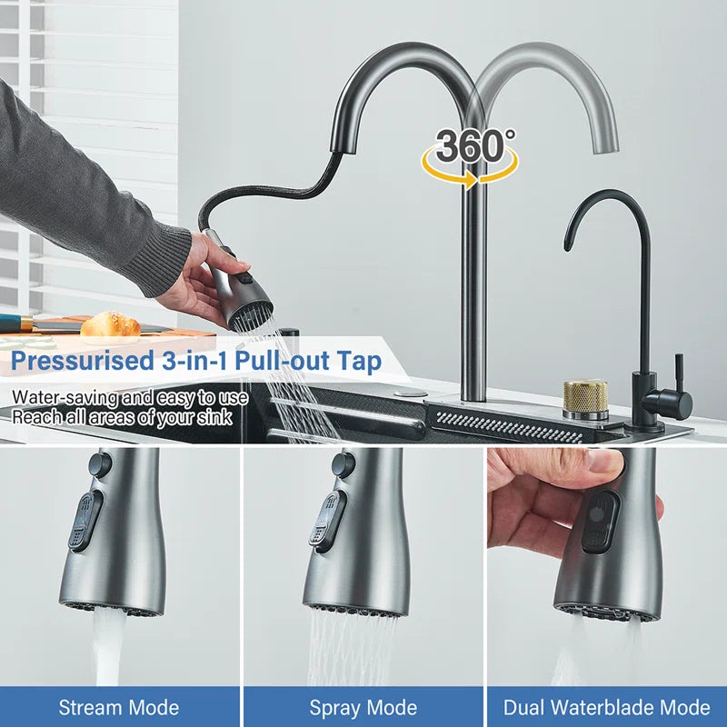 Waterfall Kitchen Sinks Combo Stainless Steel Nano Sink Pull-Out Kitchen Faucet