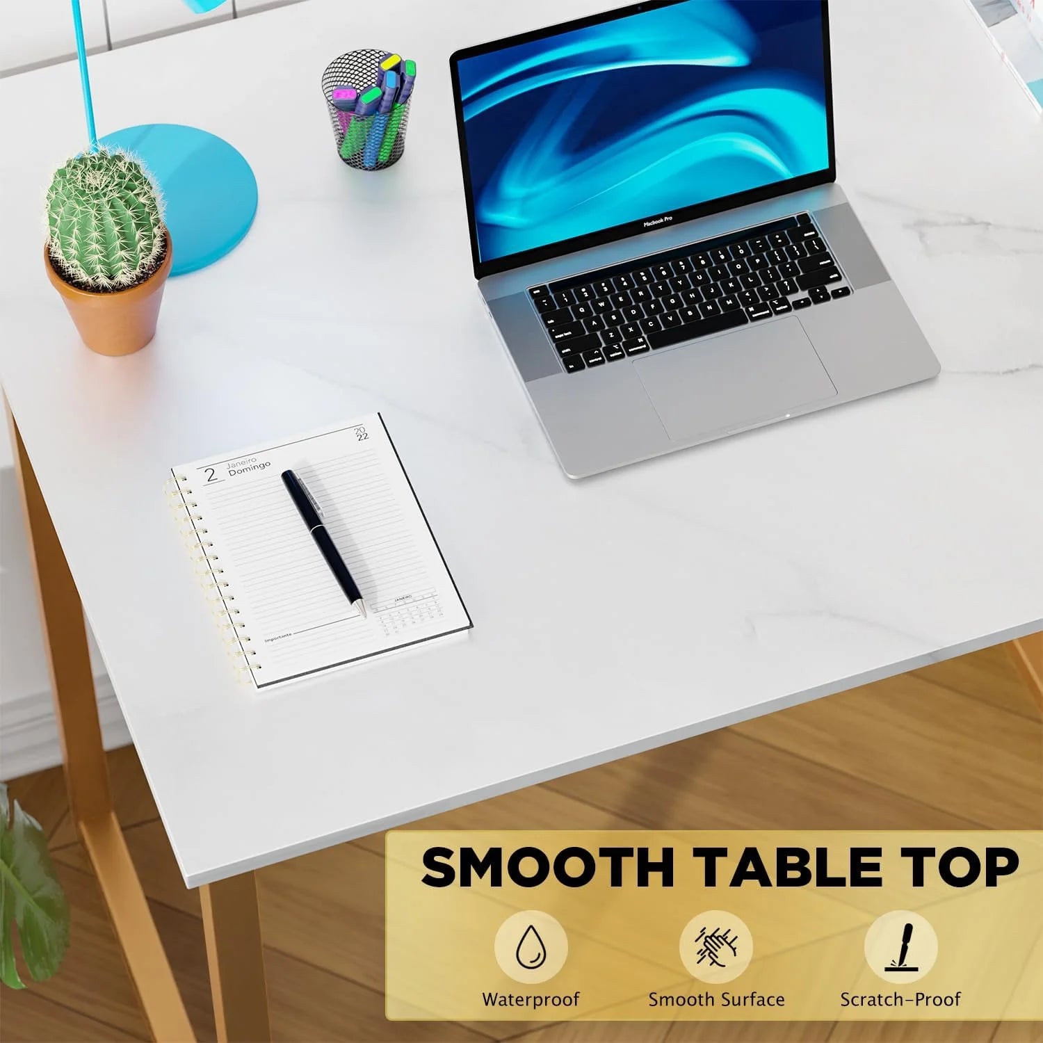 32 Inch Computer Office Desk Modern Simple Style with Metal Frame for Home Office, Gold