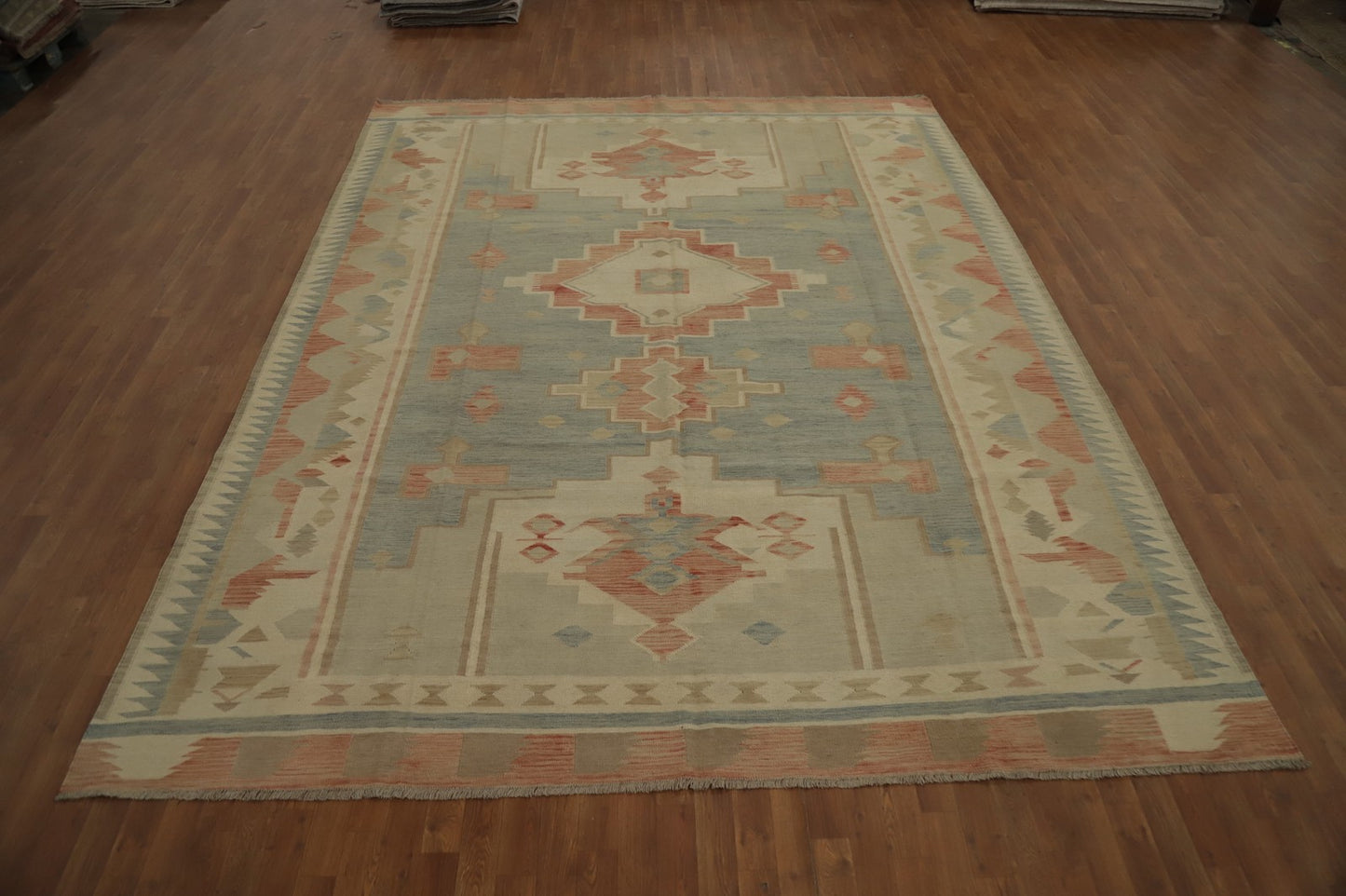 Blue Wool Kilim Flat Weave Reversible Rug 9X12 Living Room Vegetable Dye Carpet