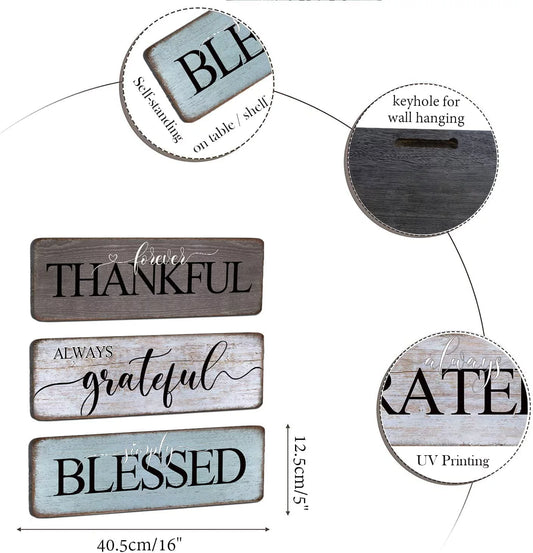 Farmhouse Home Sign Wall Decor Family Wall Decor for Living Room 3 Pieces Grateful Thankful Blessed Wall Art Decor 16"X5" Inspirational Family Quotes Wall Decor Family Signs