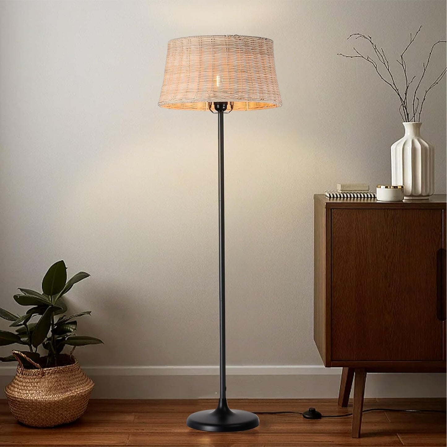 Rattan Industrial Floor Standing Lighting with Pedal Black Cord Wicker Lampshade