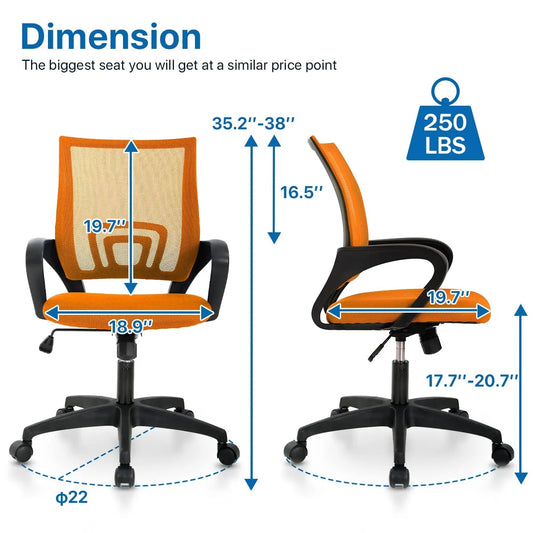 Mesh Office Chair, Mid-Back Home Office Chair Adjustable Ergonomic Desk Chair with Armrest, Rolling Swivel Chair for Adults, Orange