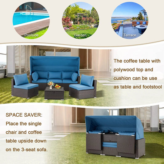 6 Pieces Patio Furniture Sets, Rattan Daybed with Retractable Canopy, Outdoor Sectional Sofa Set with Adjustable Backrest, Chaise Chair Sunbed for Garden Poolside Backyard（Blue）