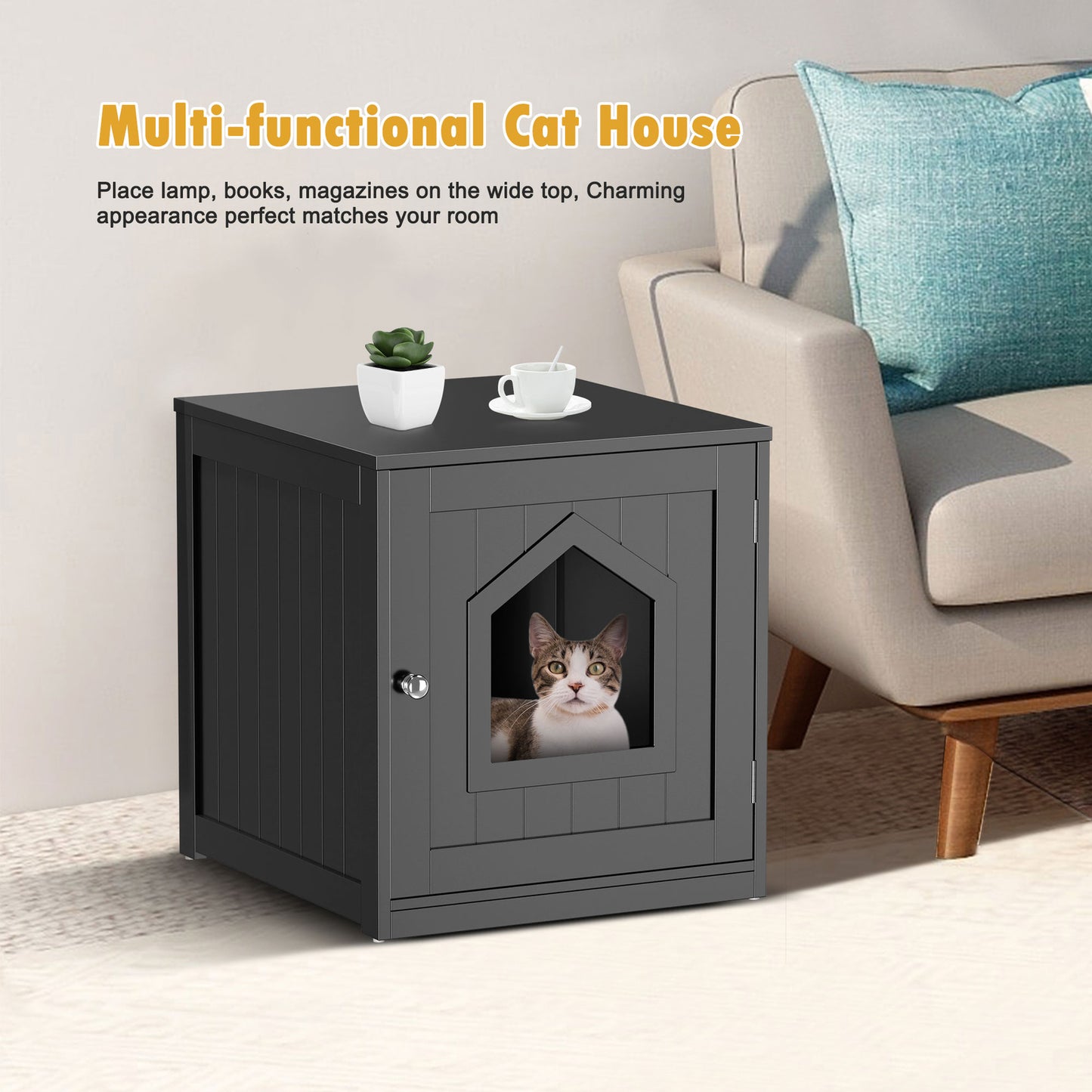 Wooden Cat Litter Box Enclosure Cat House Indoor Pet House Furniture Black