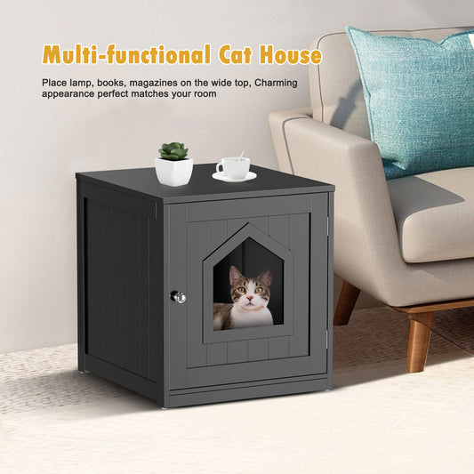 Wooden Cat Litter Box Enclosure Cat House Indoor Pet House Furniture Black