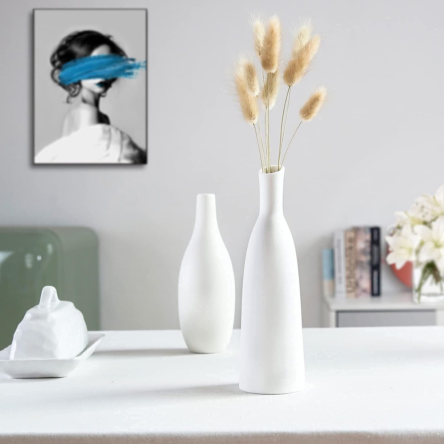 Ceramic Vase Set of 2, Small Flower Vases, White Frosted Matte Surface Vases for Rustic Home Decor