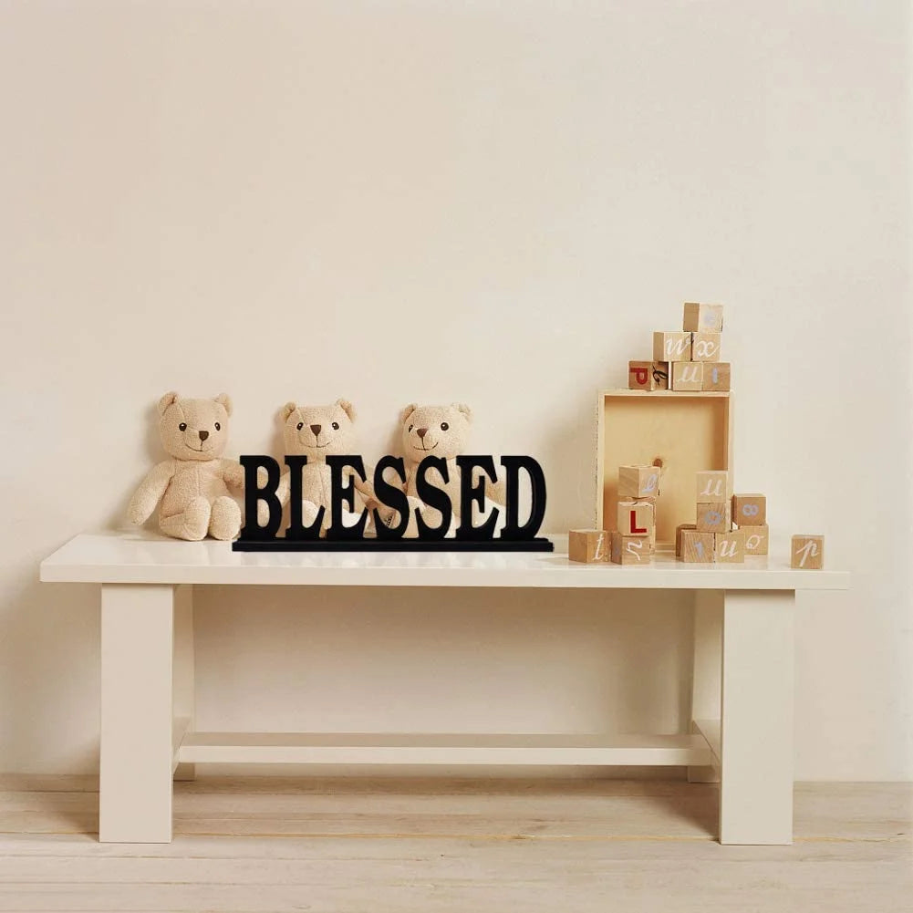 Rustic Wood Blessed Sign for Home Decor, Decorative Wooden Cutout Word Decor Freestanding Blessed Tabletop Decor, 16.5" X 5" Black Blessed Block Letters Sign Family Mantel Decor