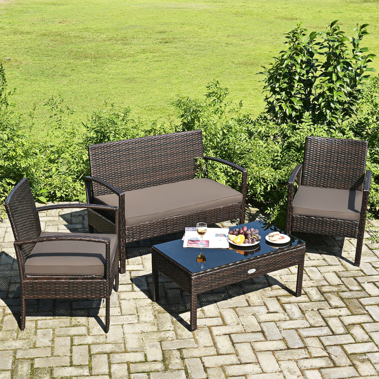 4PCS Outdoor Patio Rattan Furniture Set Cushioned Sofa Coffee Table Deck