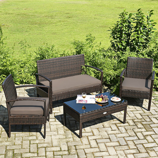 4PCS Outdoor Patio Rattan Furniture Set Cushioned Sofa Coffee Table Deck