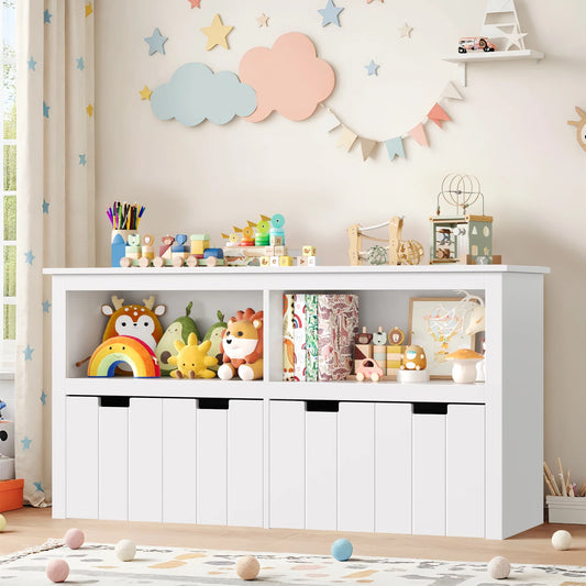 Kids Toy Storage with 4 Drawers, Cubes Storage Bin with Shelves and Wheels for Kids Living Room, White